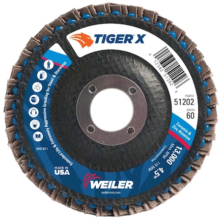 Weiler 4-1/2" Tiger X Flap Disc, Angled (TY29), Phenolic Backing, 60Z, 7/8" 51202